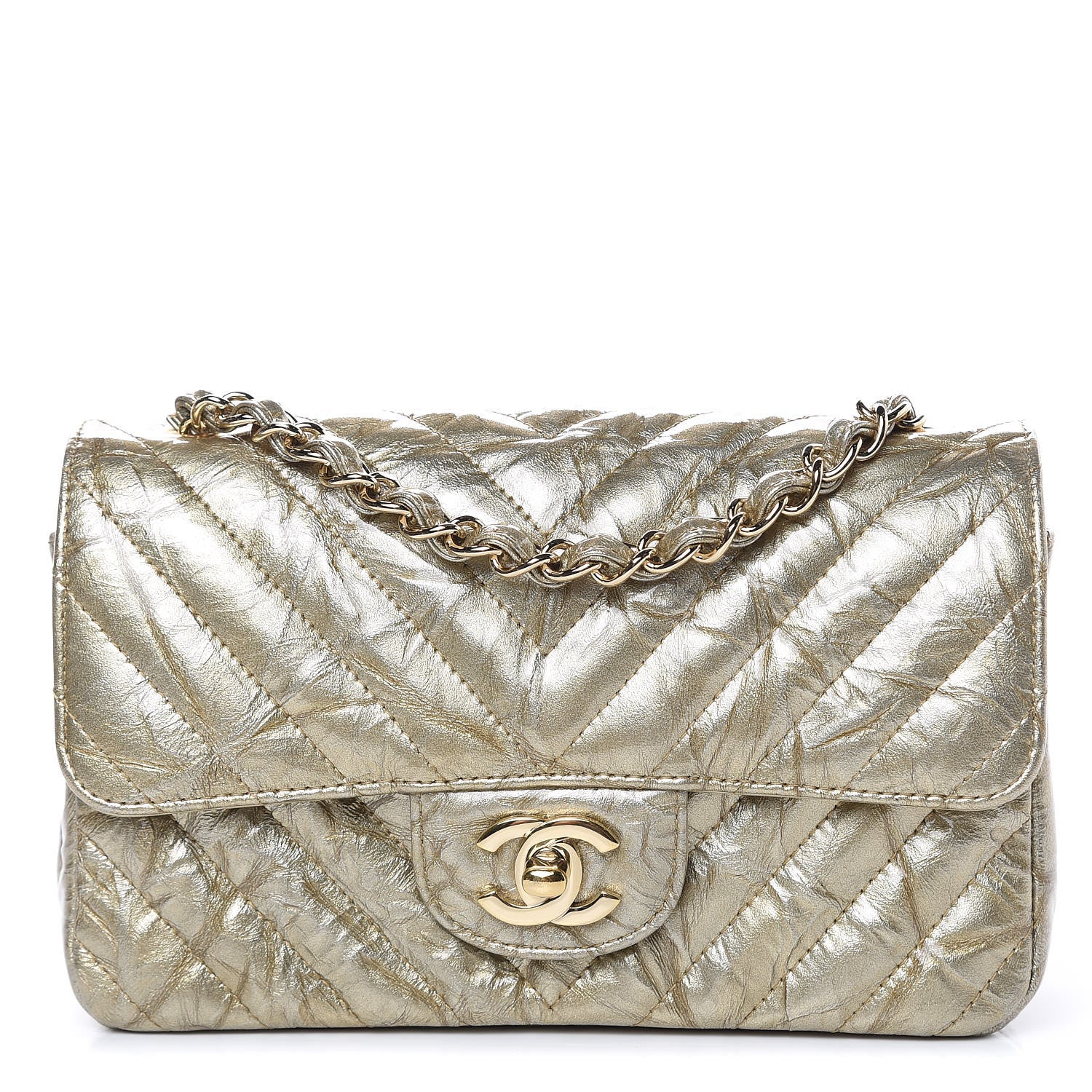 Chanel Patent Metallic Crumpled Calfskin Chevron Quilted Mini Rectangular Flap Gold 1 of 11