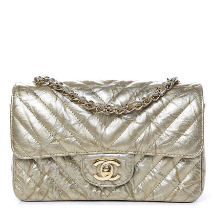 Chanel Patent Metallic Crumpled Calfskin Chevron Quilted Mini Rectangular Flap Gold 1 of 11
