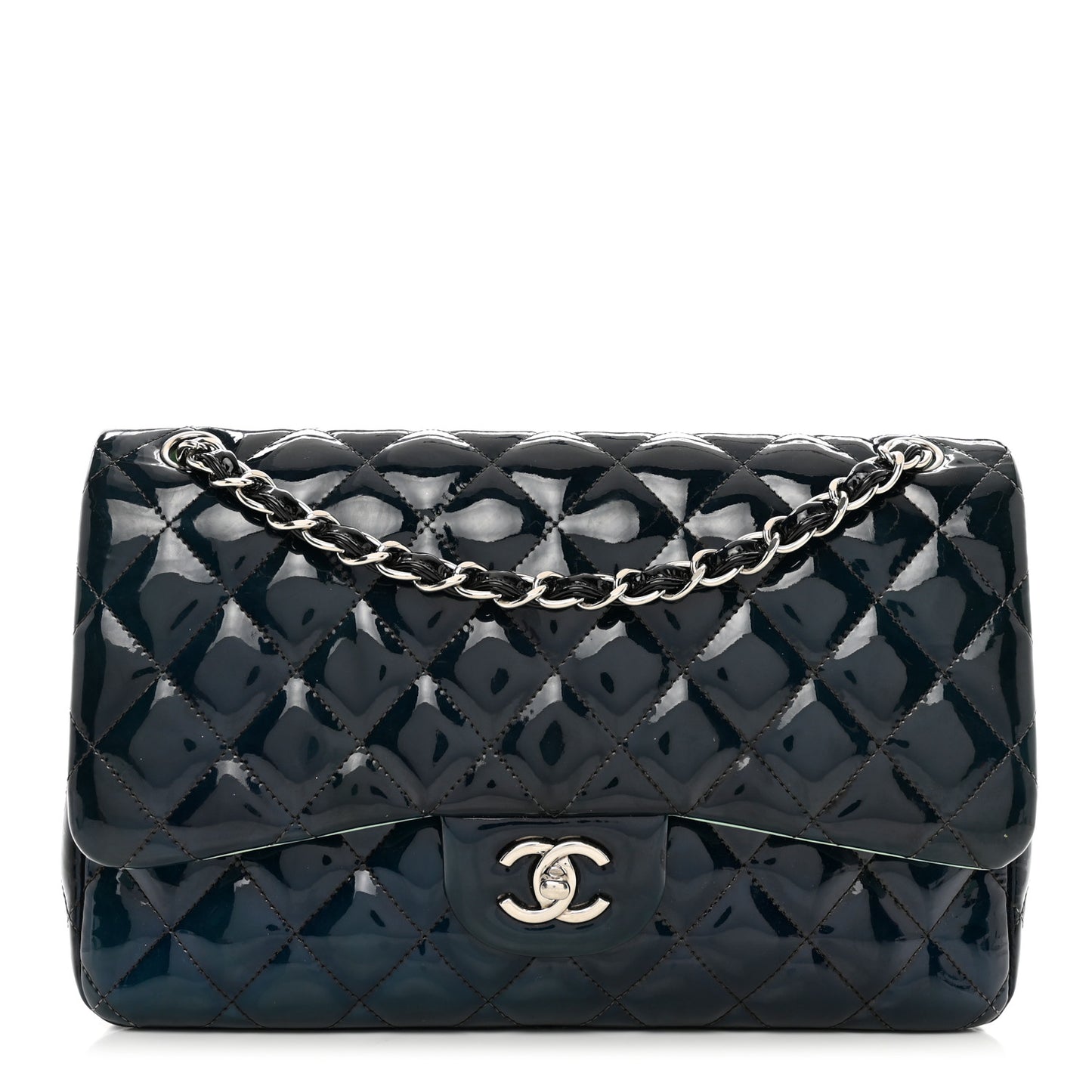 Patent Quilted Jumbo Double Flap Dark Green