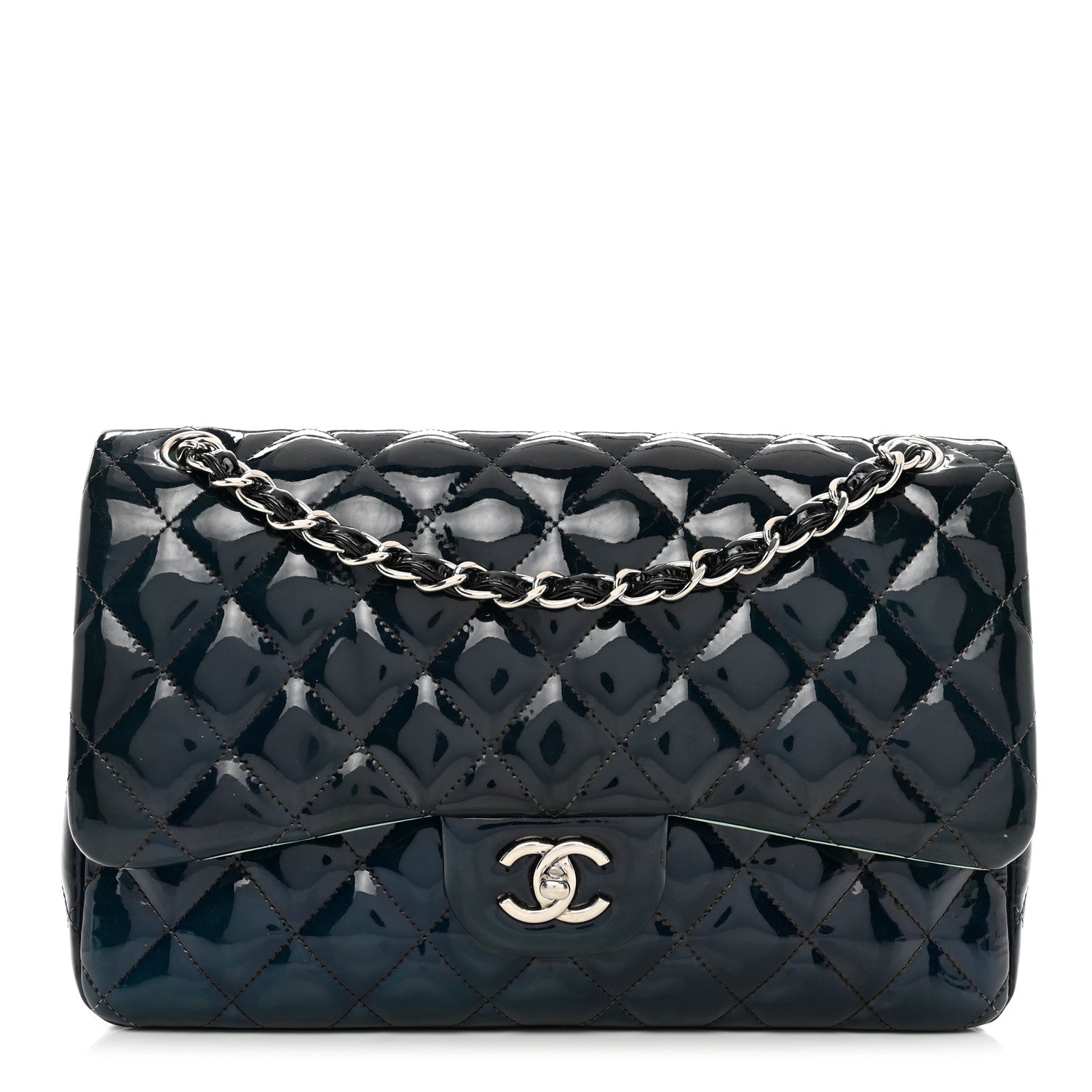 Chanel Patent Quilted Jumbo Double Flap Dark Green 1 of 13
