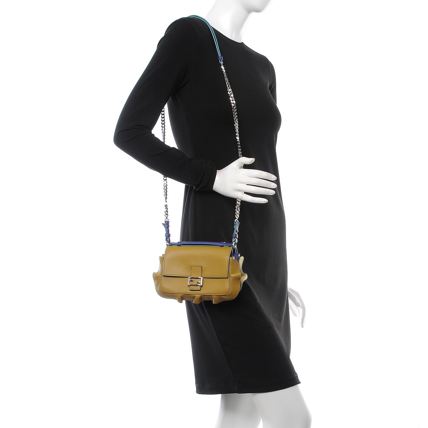 Fendi Vitello Dolce Waves Tri-Color Micro Double Baguette Purple Banana Mostarda 3 of 10