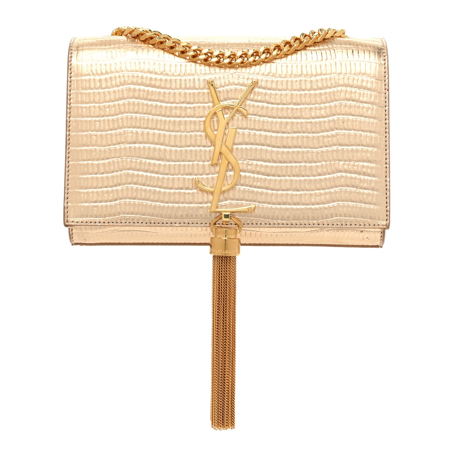Metallic Calfskin Crocodile Embossed Small Classic Monogram Kate Tassel Satchel Gold