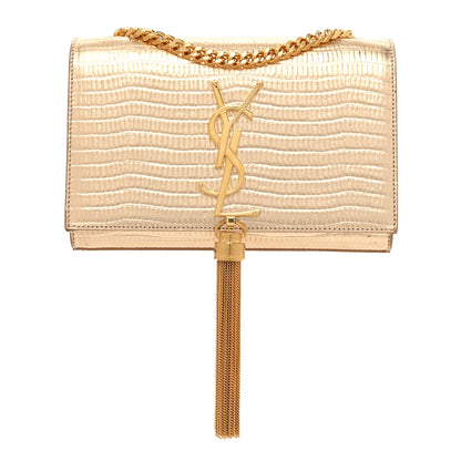 Saint Laurent Metallic Calfskin Crocodile Embossed Small Classic Monogram Kate Tassel Satchel Gold 1 of 12
