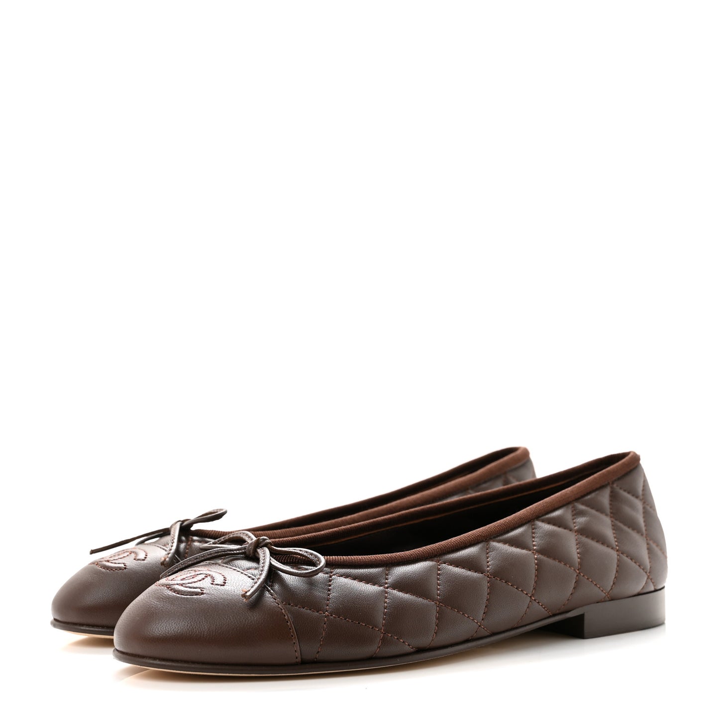Lambskin Quilted CC Cap Toe Ballerina Flats 37.5 Dark Brown