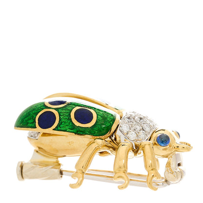 Tiffany 18K Yellow White Gold Diamond Enamel Ladybug Brooch Pin Green 4 of 6