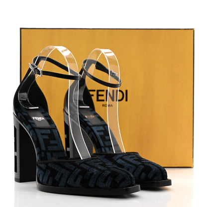 Fendi Chenille Jacquard FF Cut Baguette Ankle Strap 105mm Pumps 38 Black Blue 8 of 8