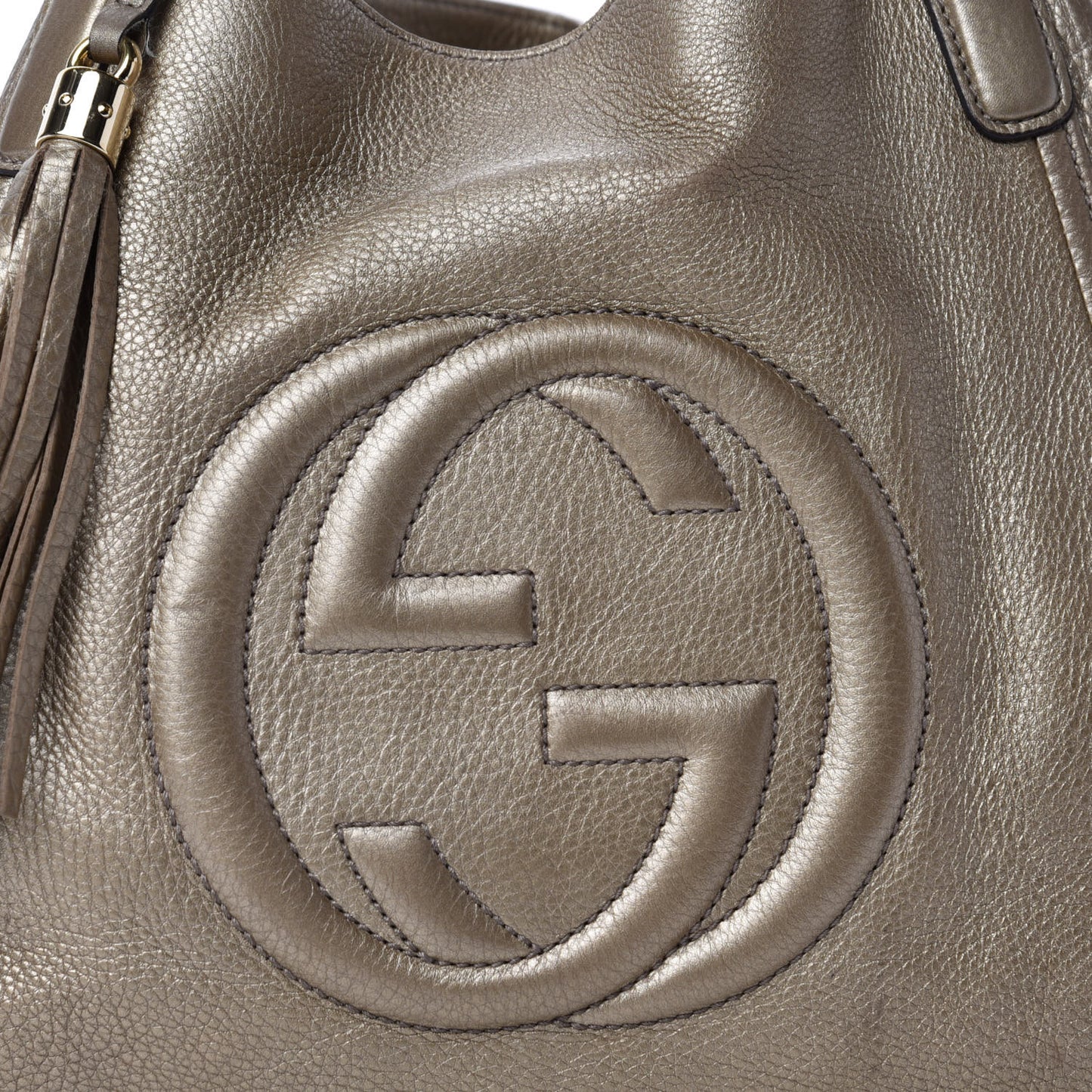 Metallic Pebbled Calfskin Medium Soho Shoulder Bag Golden Beige