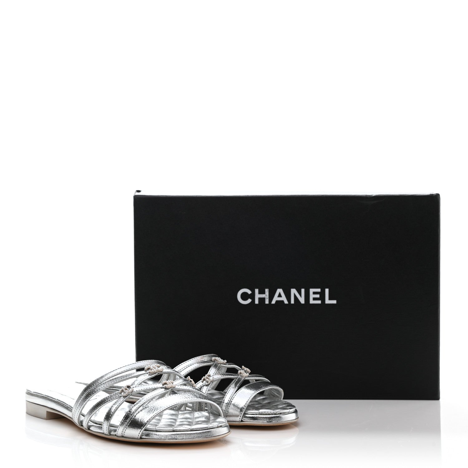 Chanel Laminated Lambskin Pearl CC Sandals 38 Silver 11 of 11