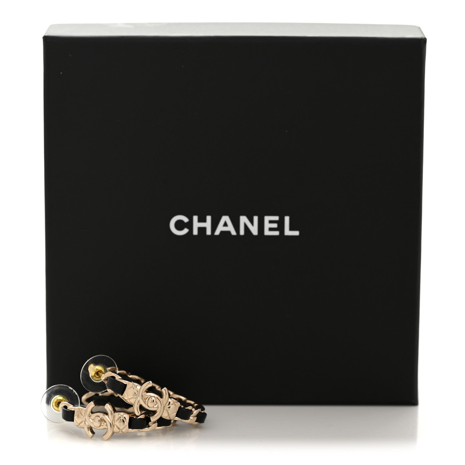 Chanel Metal Lambskin Quilted CC Turnlock Chain Hoop Earrings Gold Black 5 of 5