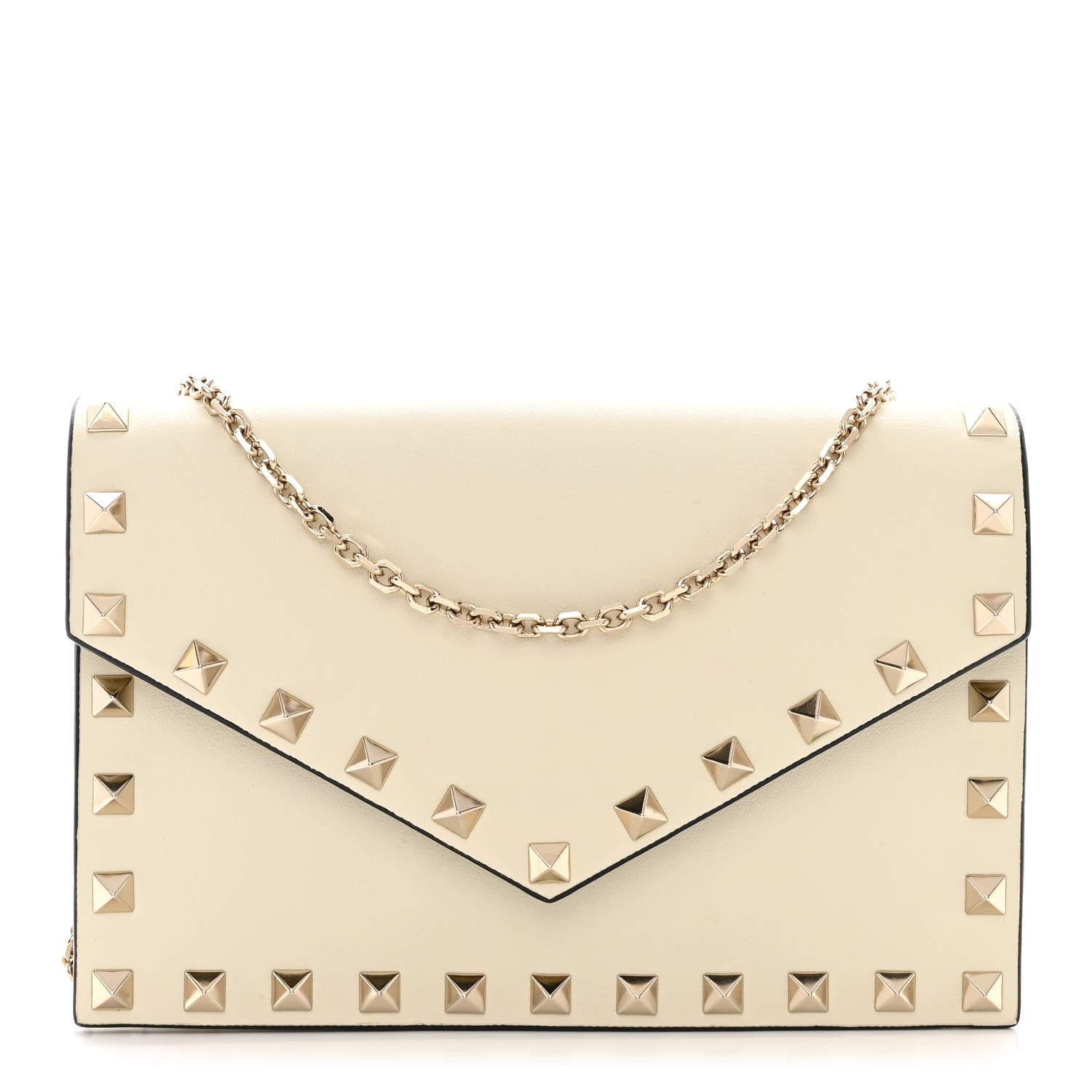 Valentino Garavani Vitello Rockstud Envelope Wallet on Chain Ivory 1 of 11