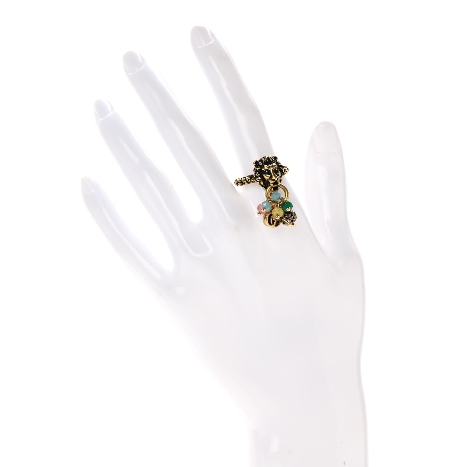 Gucci Metal Glass Bead Lion Head GG Ring S Aged Gold Multicolor 2 of 6