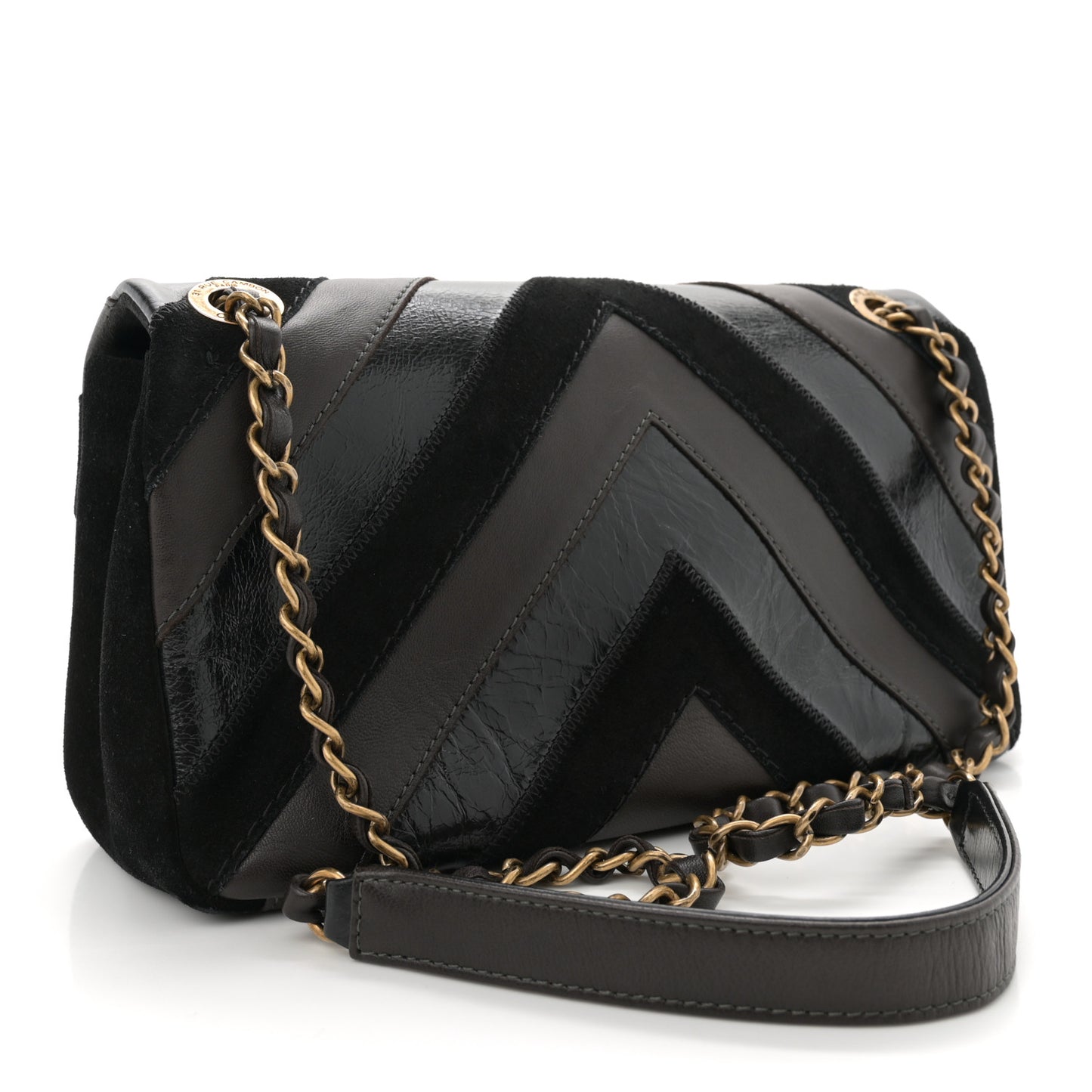 Suede Lambskin Glazed Calfskin Lady Vintage Chevron Flap Black Brown