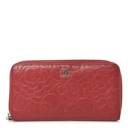 Chanel Lambskin Camellia Embossed Zip Around Large Gusset Wallet Red 1 of 14