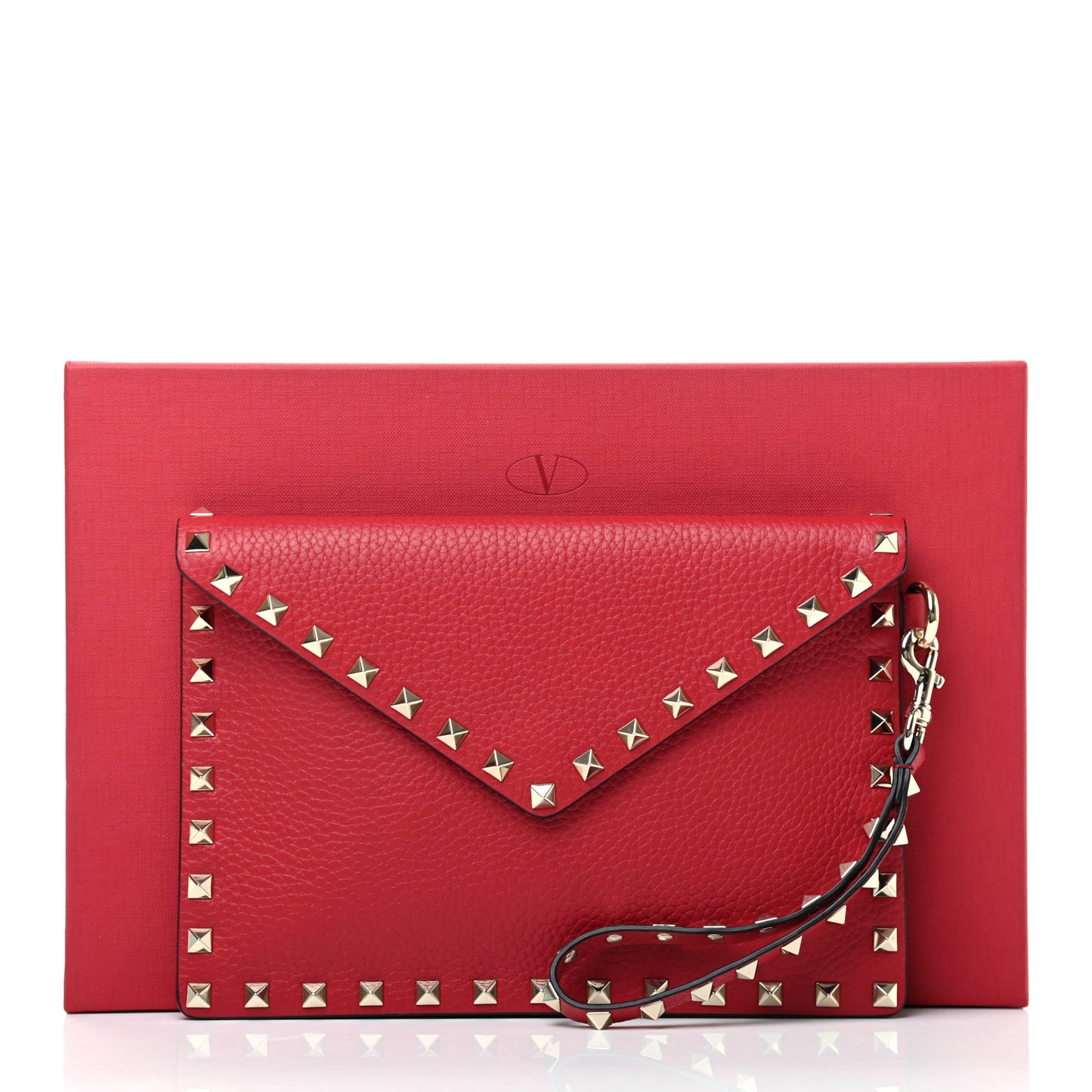 Pebbled Calfskin Medium Rockstud Envelope Flat Wristlet Pouch Red