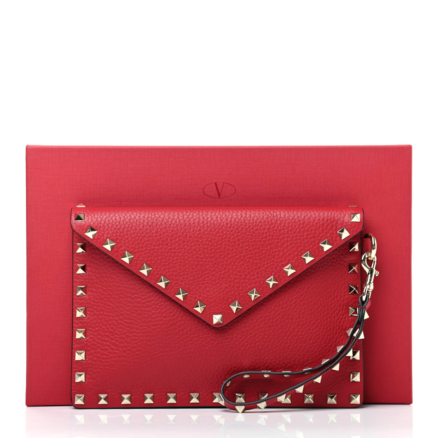 Valentino Garavani Pebbled Calfskin Medium Rockstud Envelope Flat Wristlet Pouch Red 8 of 8