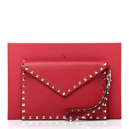 Valentino Garavani Pebbled Calfskin Medium Rockstud Envelope Flat Wristlet Pouch Red 8 of 8