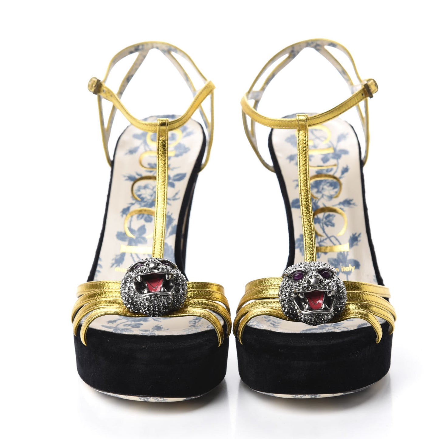 Velvet Nappa Elias T-Strap Platform High Heel Sandals 36.5 Black Gold