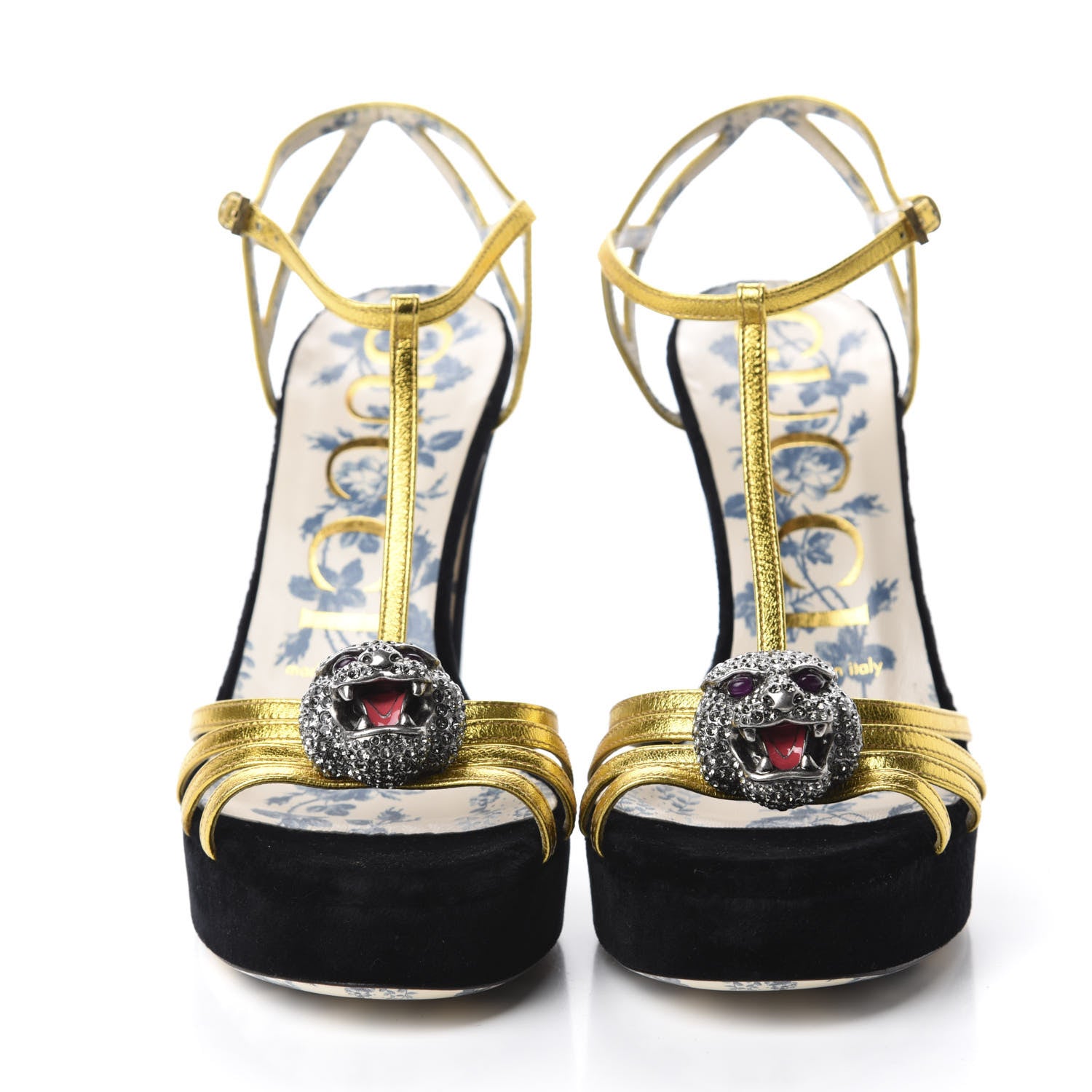 Gucci Velvet Nappa Elias T-Strap Platform High Heel Sandals 36.5 Black Gold 2 of 10