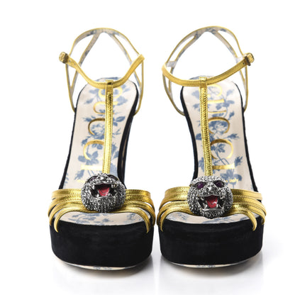 Gucci Velvet Nappa Elias T-Strap Platform High Heel Sandals 36.5 Black Gold 2 of 10