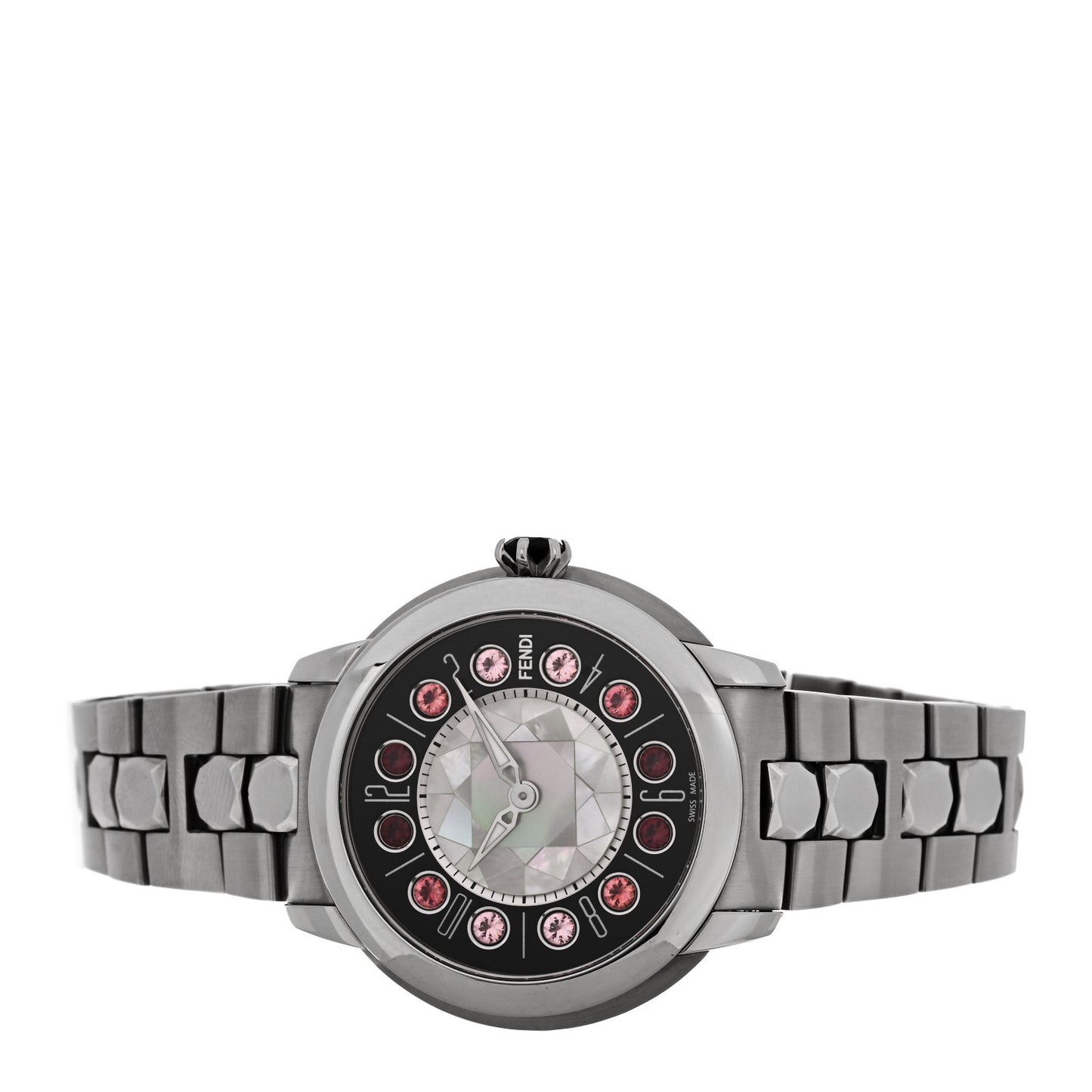 Stainless Steel Mother of Pearl Topaz Spinel 38mm Ishine Rotating Gem Two Tone Quartz Watch Black