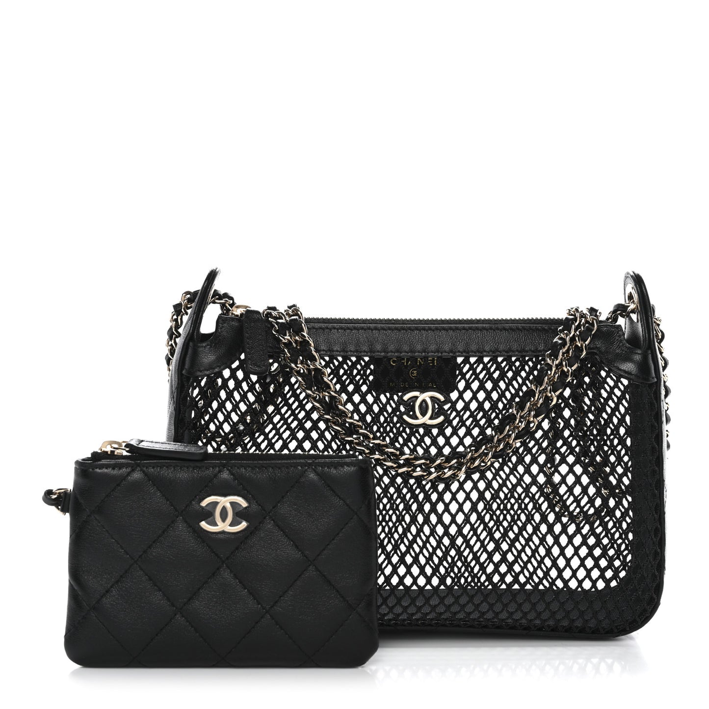 Mesh Shiny Lambskin Clutch With Chain Black