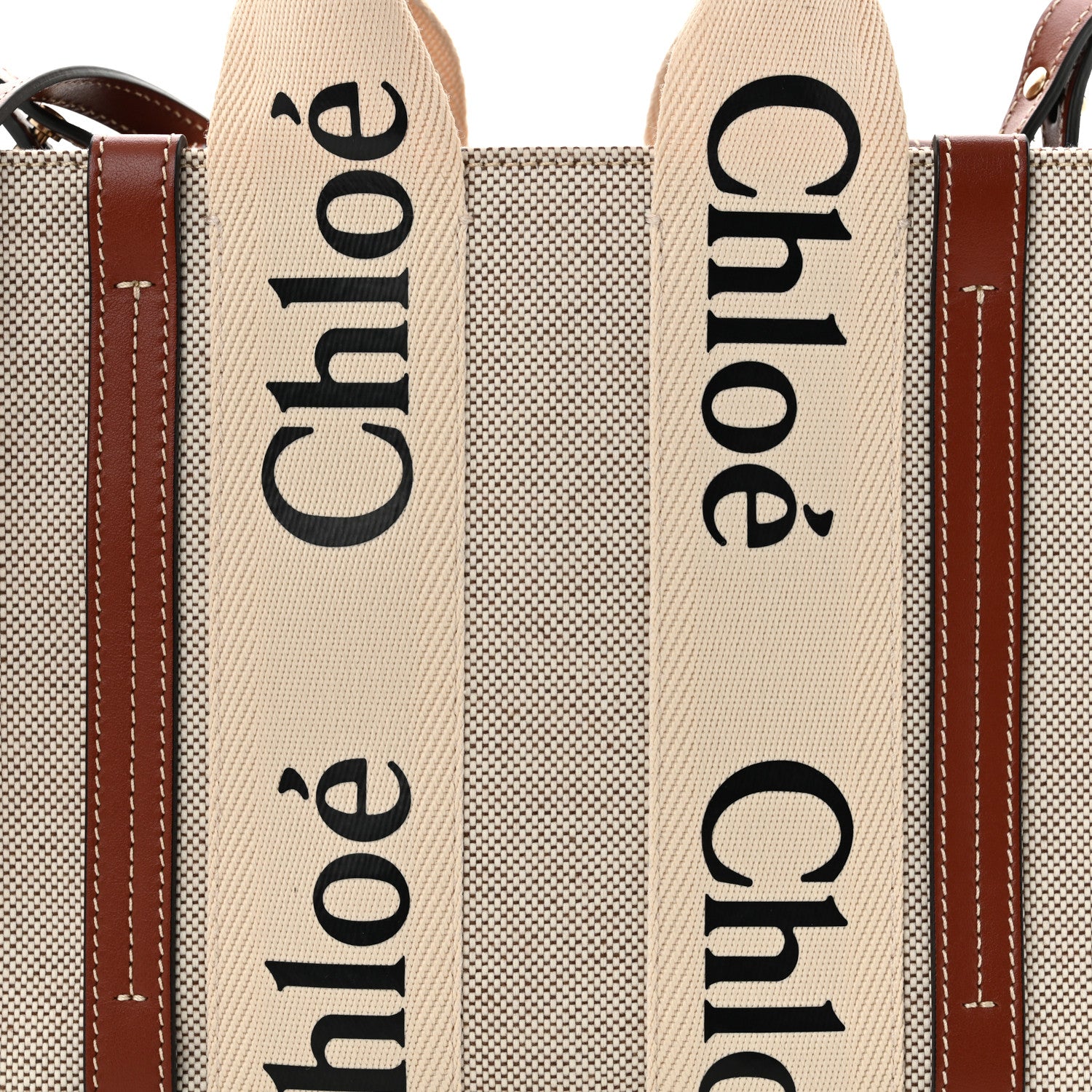 Chloe Cotton Calfskin Small Woody Ribbon Tote With Strap White Brown 8 of 11