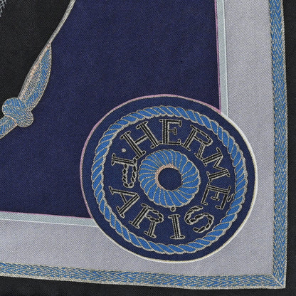Hermes Silk Zouaves Et Dragons Wash Scarf 90 Marine Beige Black 2 of 6