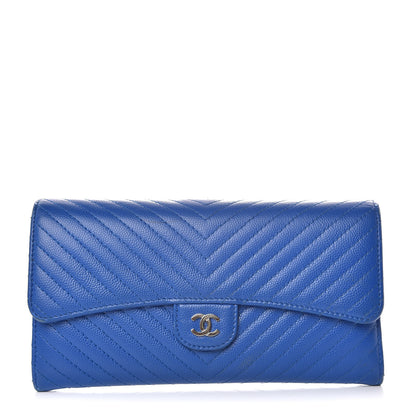 Chanel Caviar Chevron Quilted Large Flap Wallet Bright Blue 1 of 13