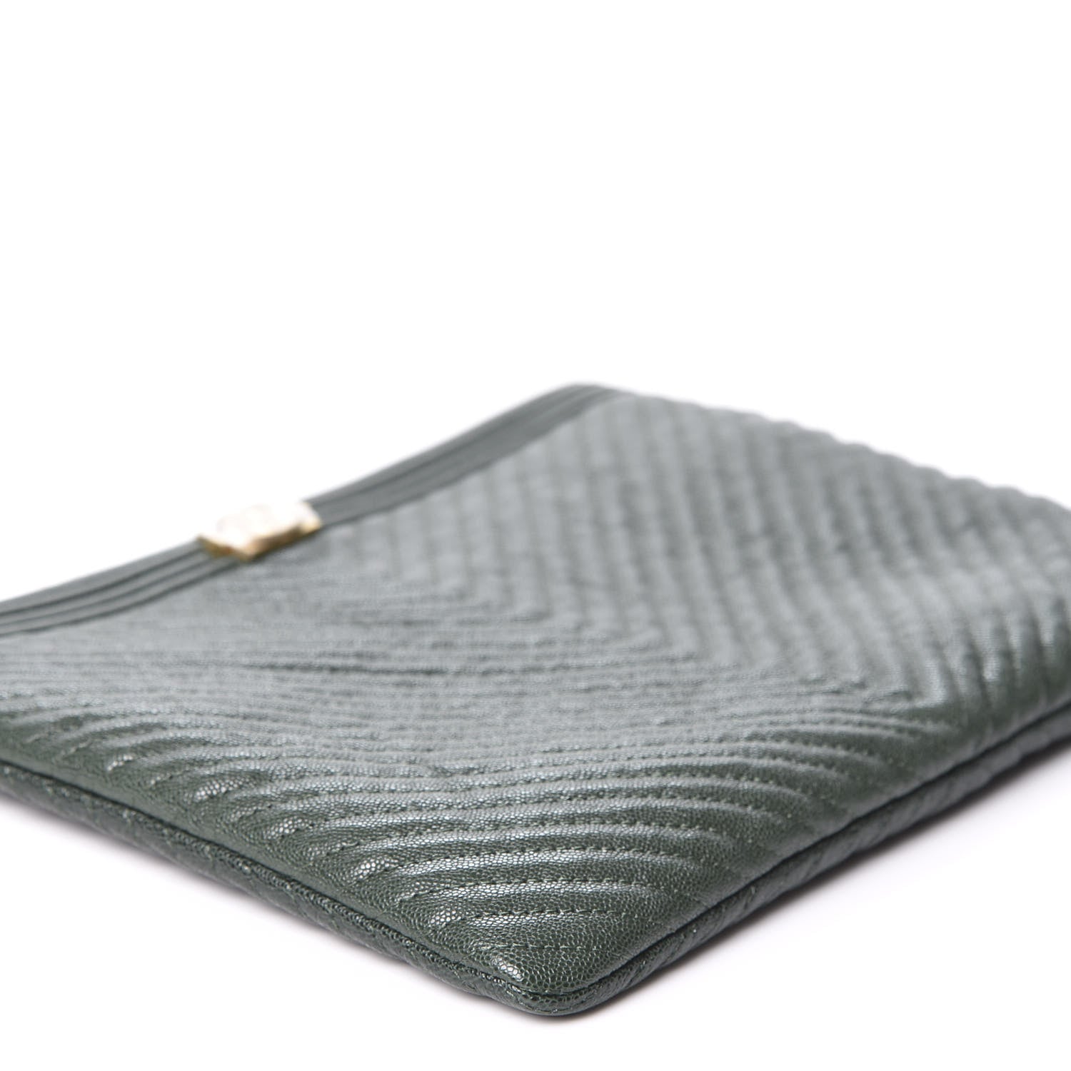 Chanel Caviar Chevron Quilted Medium Boy Zip Pouch Dark Green 5 of 10