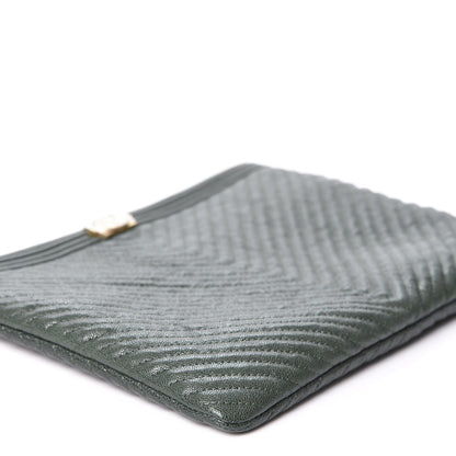 Chanel Caviar Chevron Quilted Medium Boy Zip Pouch Dark Green 5 of 10