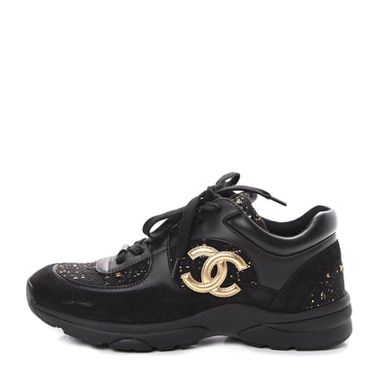 Chanel Velour Tweed CC Sneakers 38.5 Black Gold 1 of 10