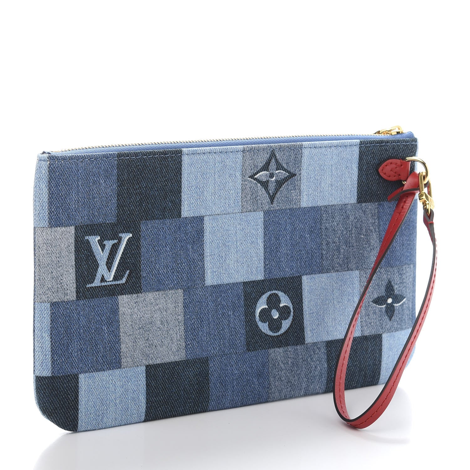 Louis Vuitton Denim Damier Monogram Patchwork Neverfull MM Pochette Blue Rouge 3 of 9