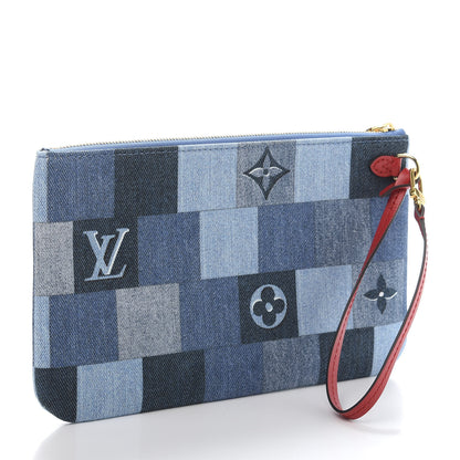 Louis Vuitton Denim Damier Monogram Patchwork Neverfull MM Pochette Blue Rouge 3 of 9
