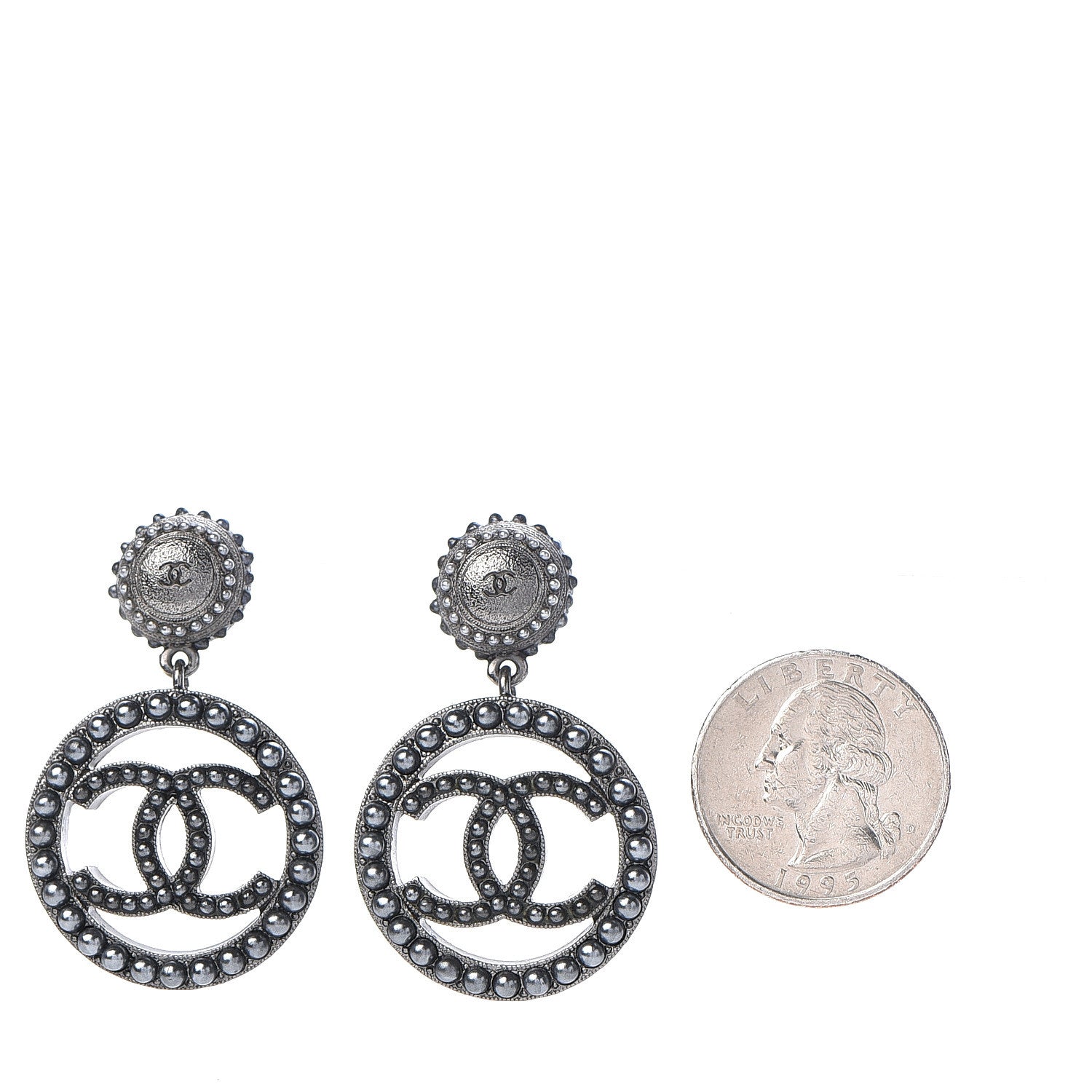 Chanel Ruthenium Beaded CC Drop Earrings Dark Grey 2 of 4