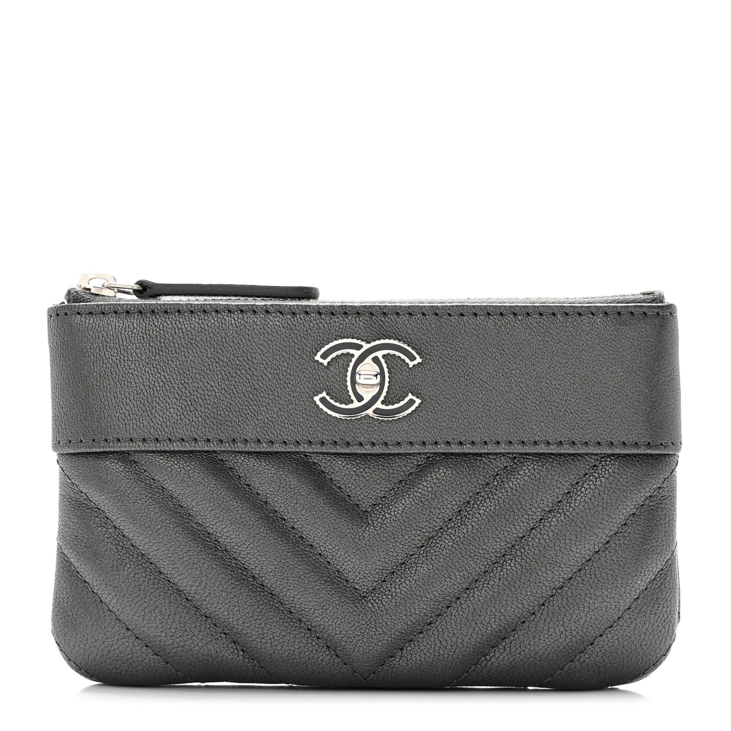 Metallic Sheepskin Chevron Quilted Small Vintage Mademoiselle Cosmetic Case Dark Grey
