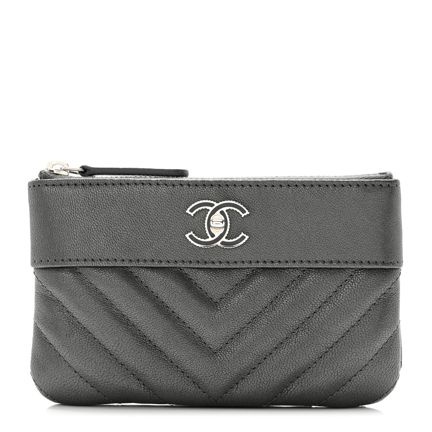 Chanel Metallic Sheepskin Chevron Quilted Small Vintage Mademoiselle Cosmetic Case Dark Grey 1 of 8