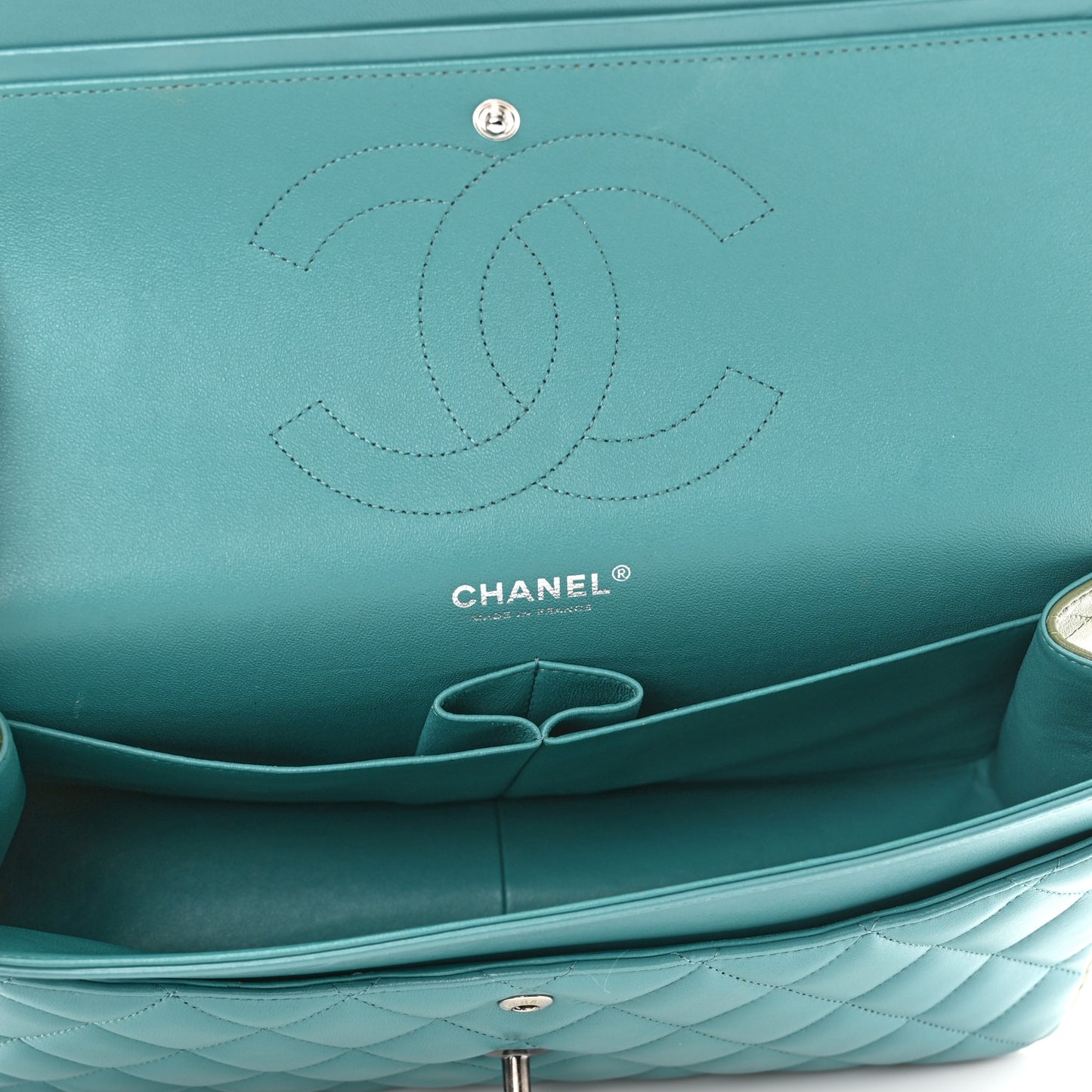 Lambskin Quilted Tri-Color Jumbo Double Flap Navy Blue Green