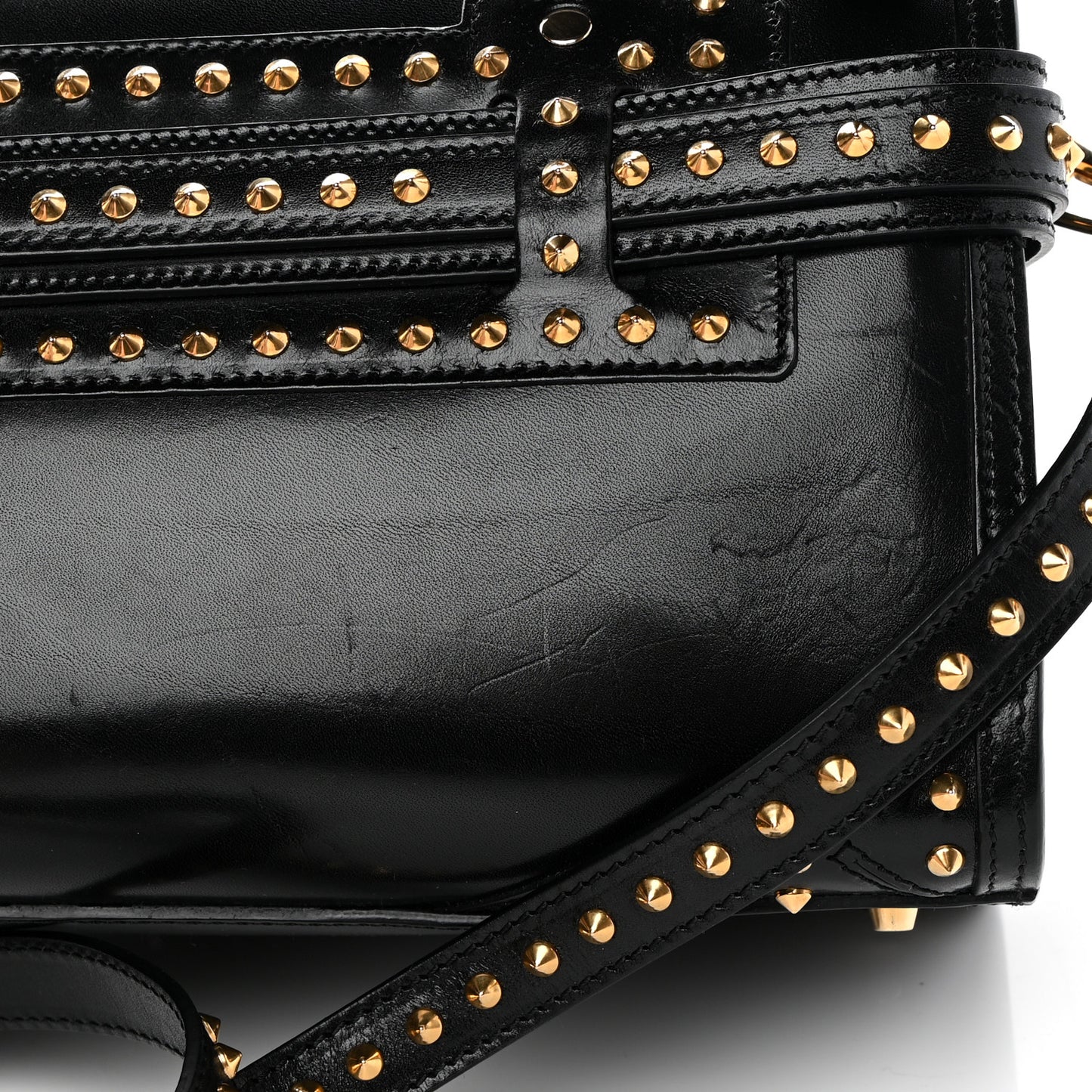 Polished Bridle Calfskin Studded Bag Black