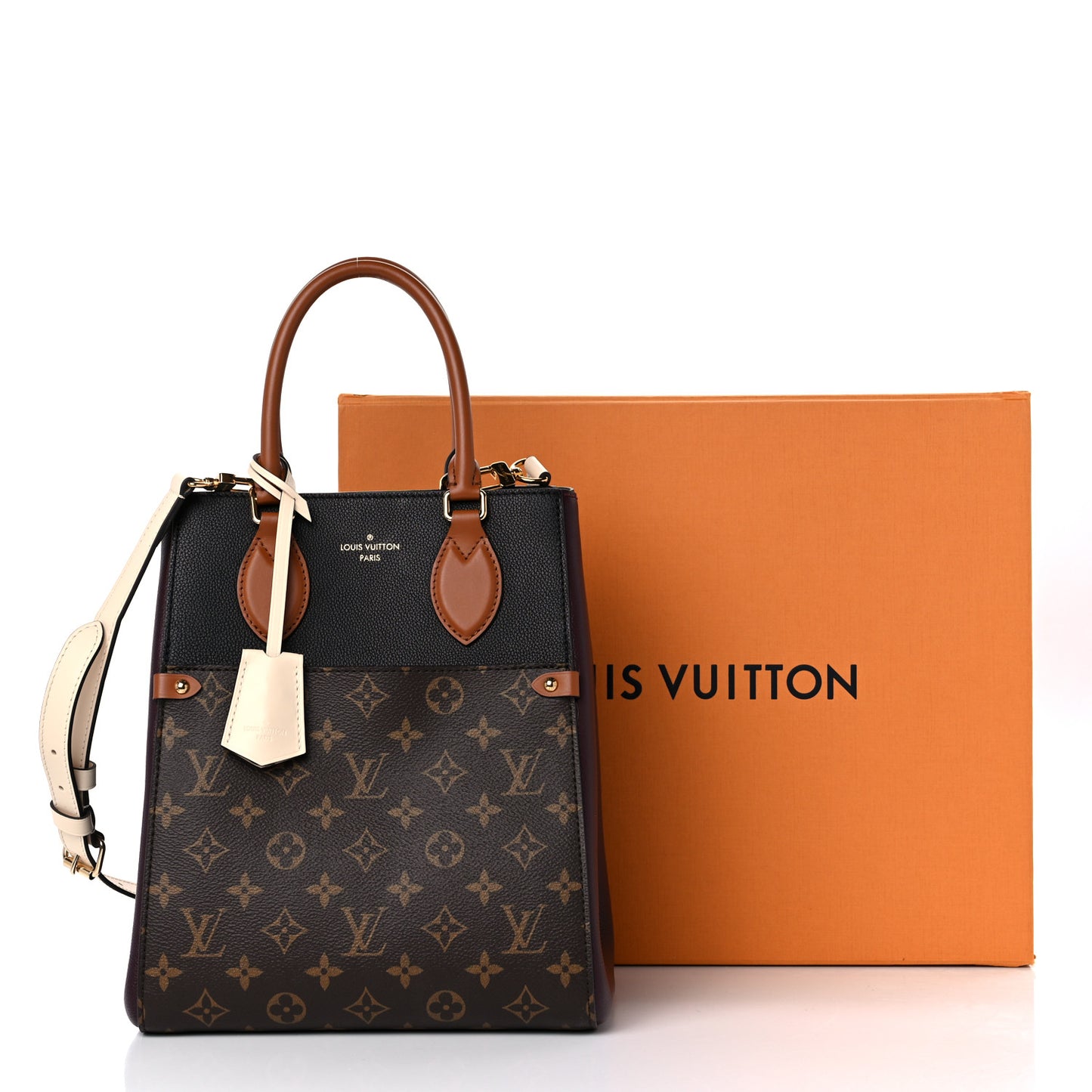 Calfskin Monogram Fold Tote MM Black Wine Cream