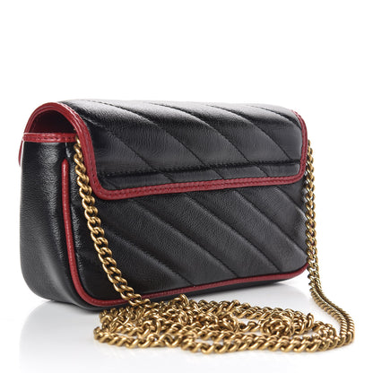 Gucci Vintage Effect Calfskin Matelasse Diagonal Super Mini Torchon GG Marmont Shoulder Bag Black Romantic Cherry 3 of 11