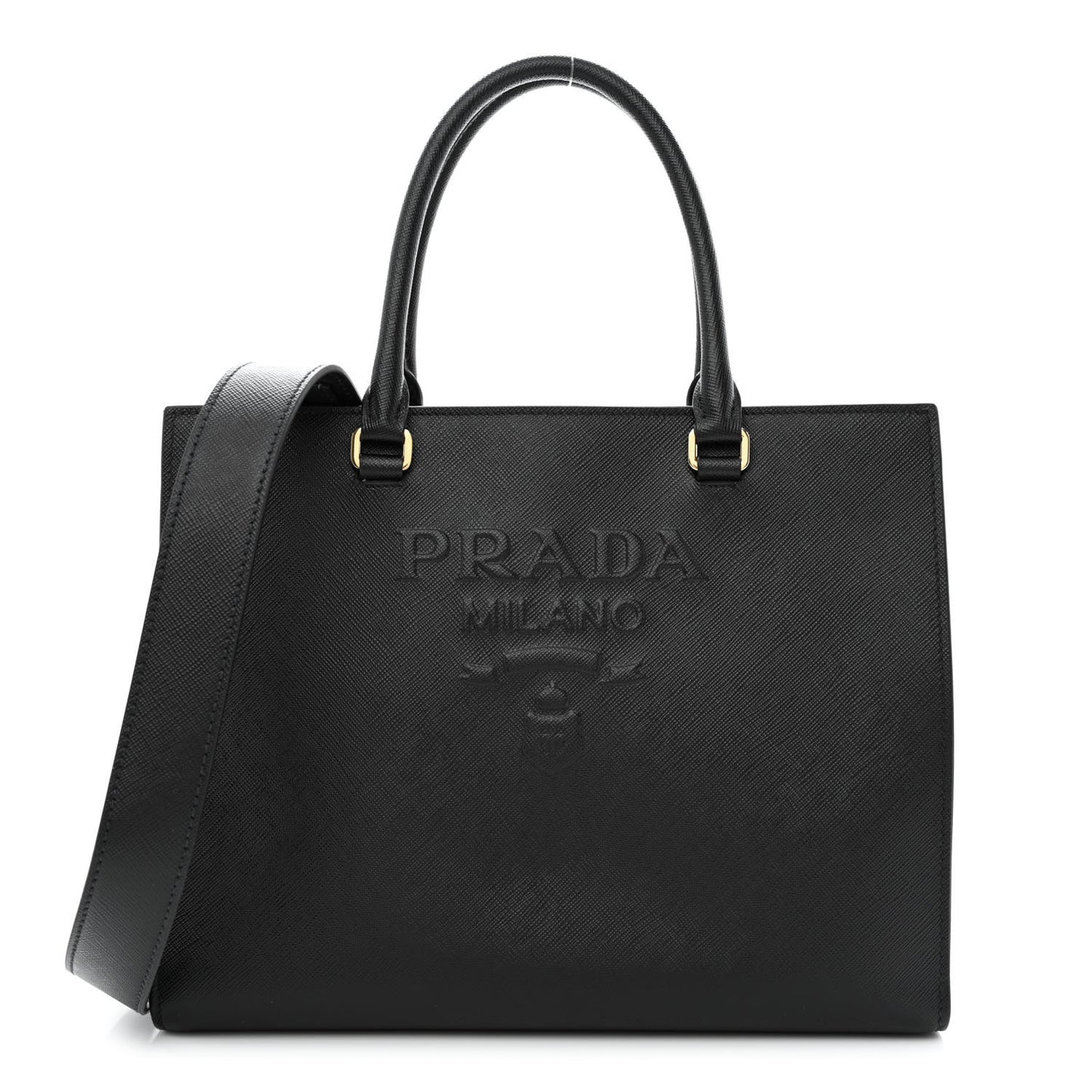 Saffiano Lux Logo Embossed Medium Shoulder Tote Handbag Black