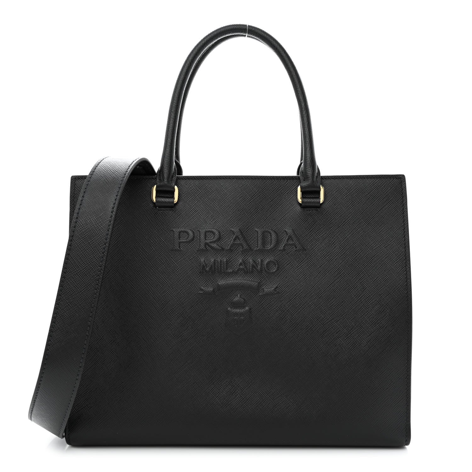 Prada Saffiano Lux Logo Embossed Medium Shoulder Tote Handbag Black 1 of 11