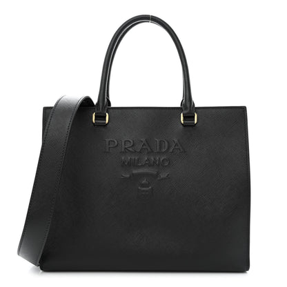 Prada Saffiano Lux Logo Embossed Medium Shoulder Tote Handbag Black 1 of 11