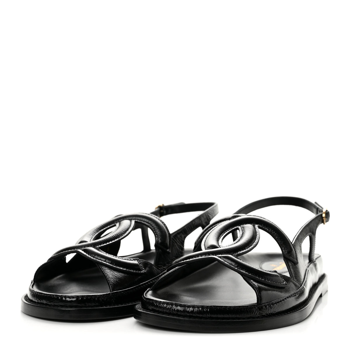 Crumpled Shiny Lambskin CC Cut Out Dad Sandals 40 Black