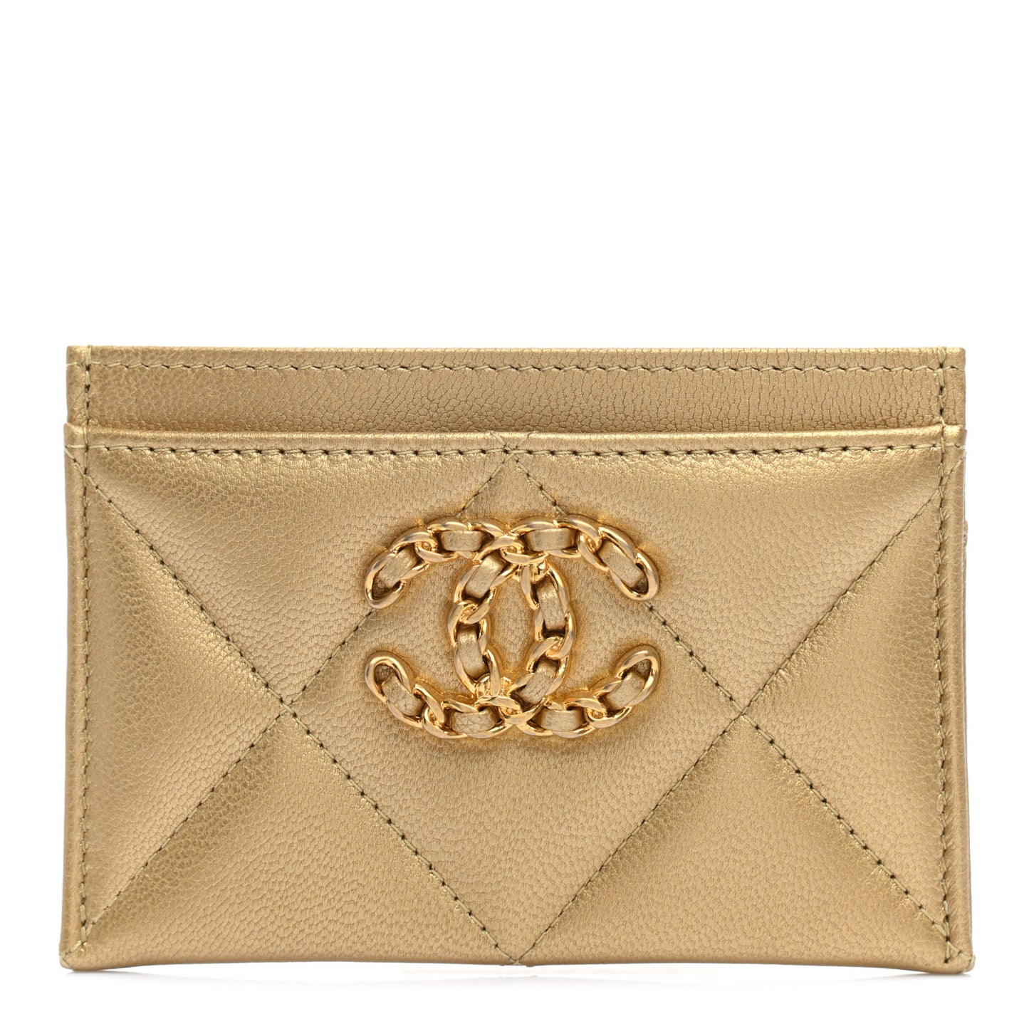 Metallic Lambskin Quilted Chanel 19 Card Holder Gold