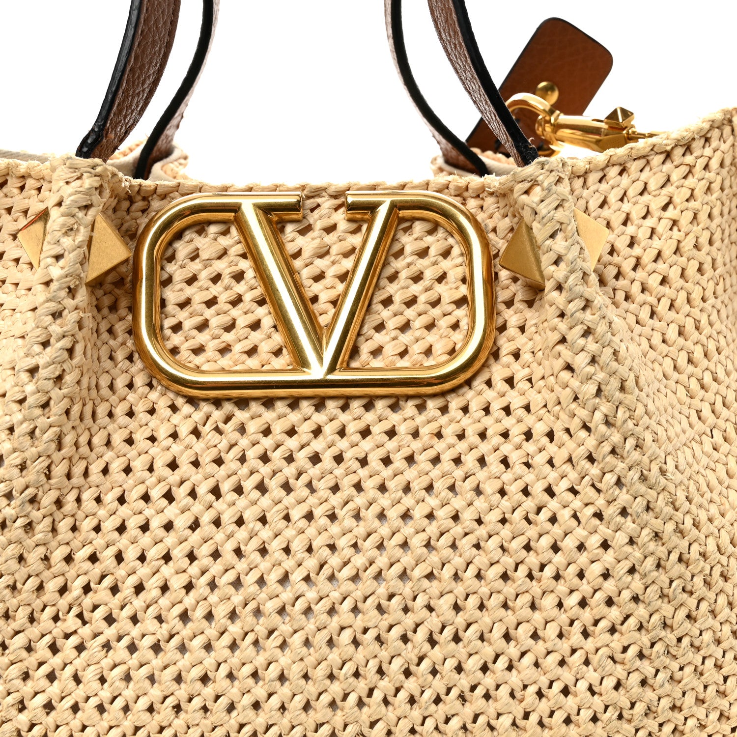 Valentino Garavani Raffia Grained Calfskin Small Rockstud Vlogo Tote Naturale 7 of 10