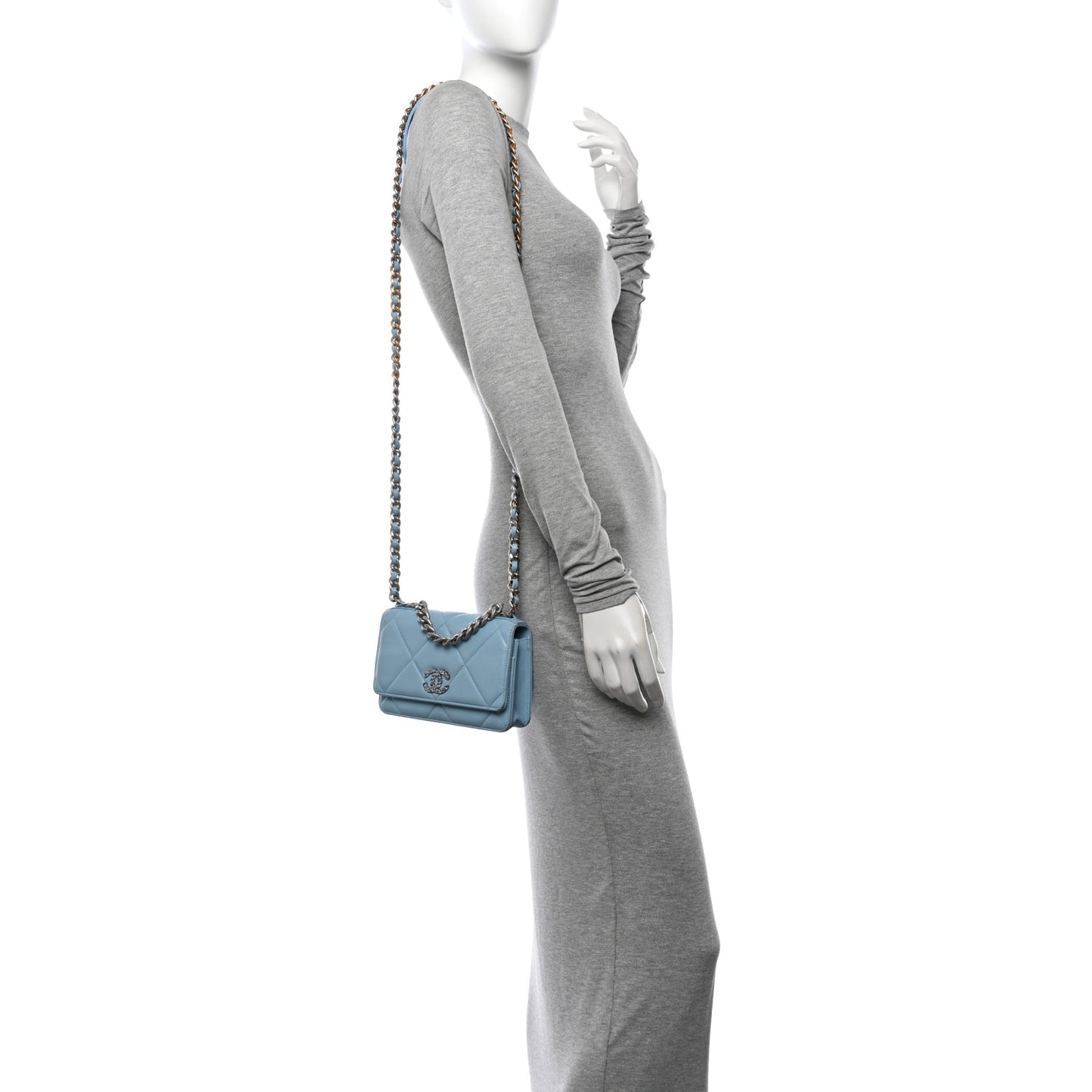 Lambskin Quilted Chanel 19 Wallet On Chain WOC Light Blue
