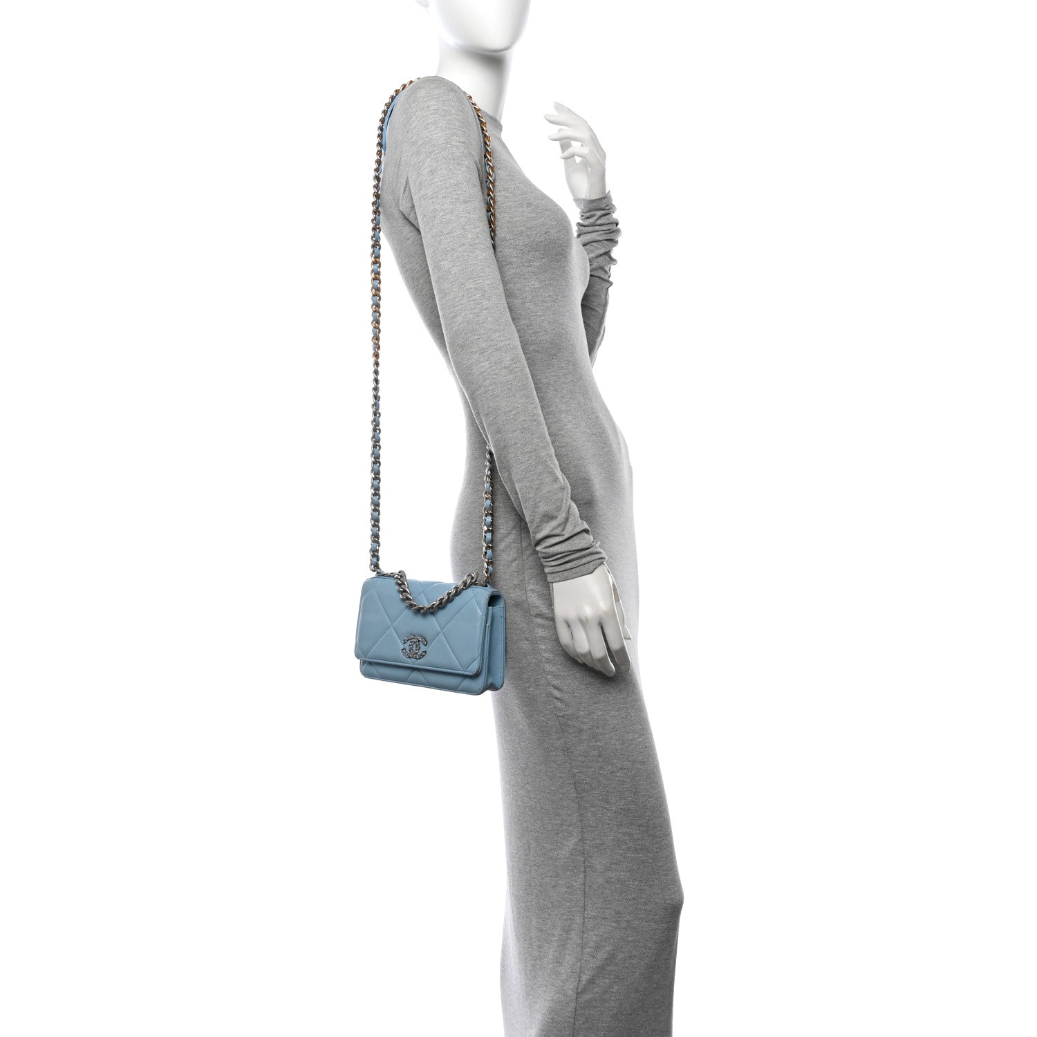 Chanel Lambskin Quilted Chanel 19 Wallet On Chain WOC Light Blue 3 of 14