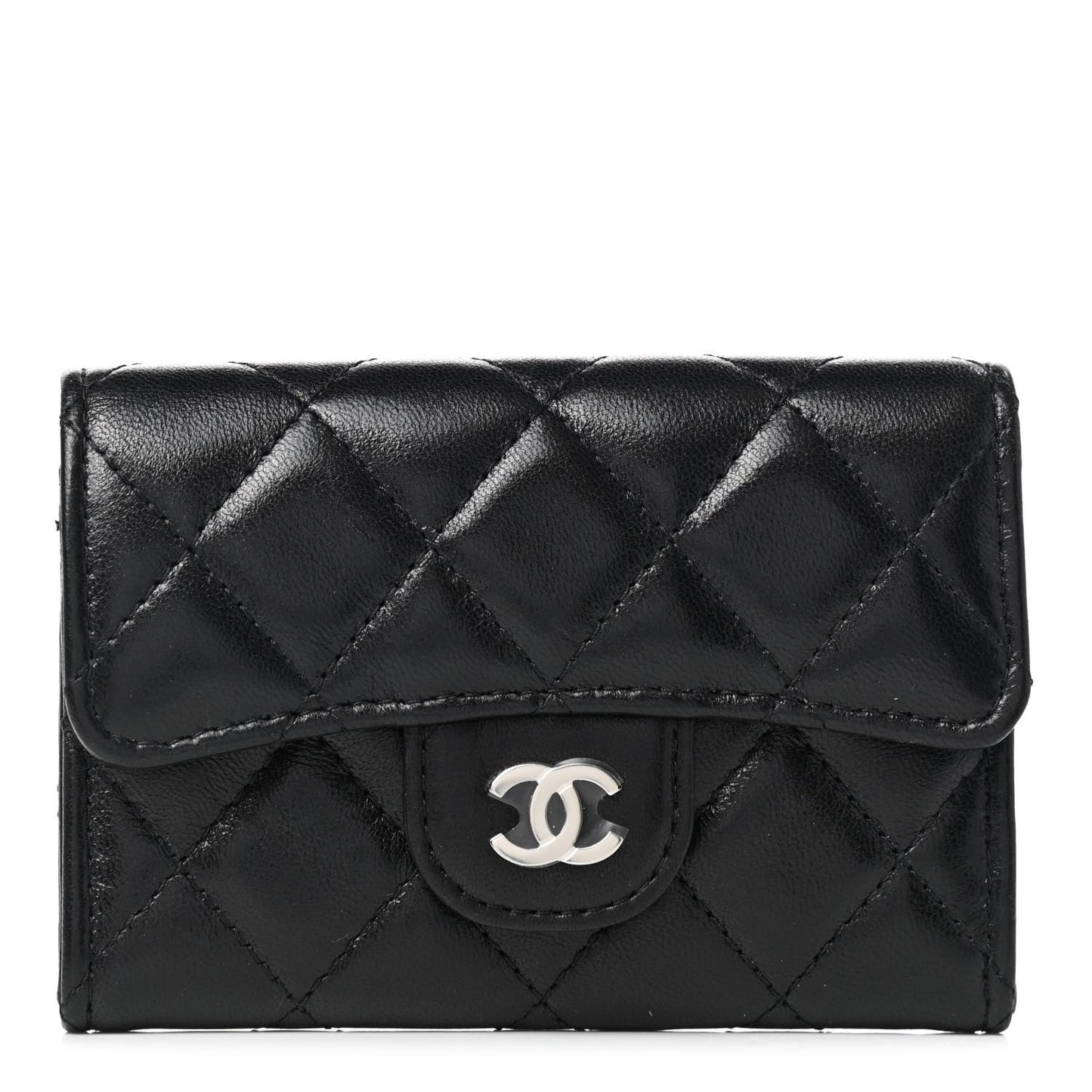 Lambskin Quilted Flap Card Holder Wallet Black