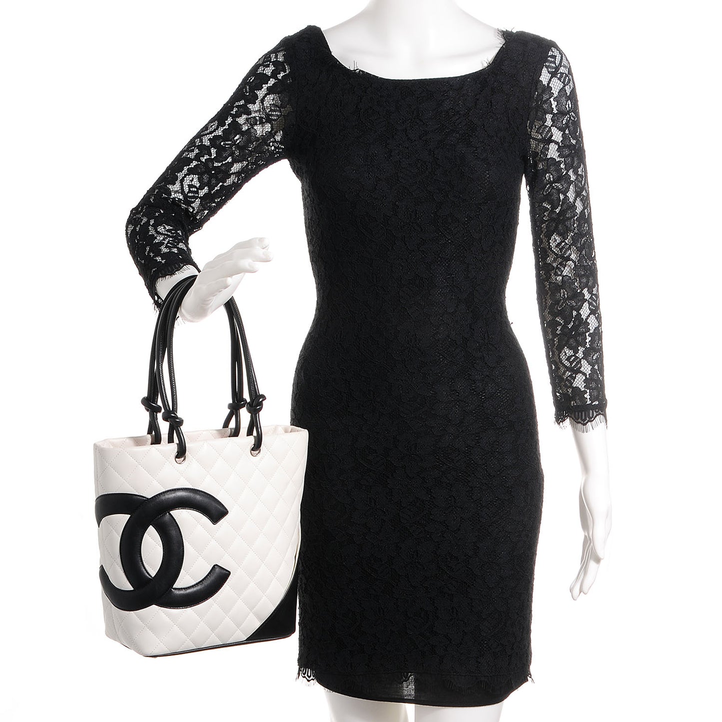Calfskin Quilted Medium Cambon Tote White Black